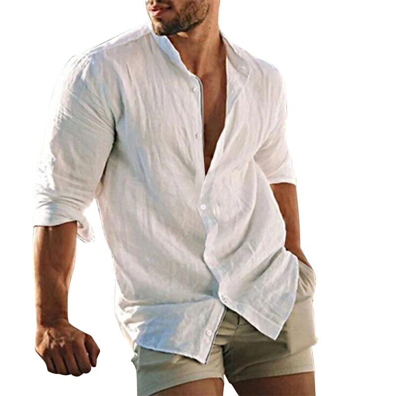 Men's Cotton Linen Shirts Lapel Solid Short Sleeve Professional Work Blouses For Men Harajuku Button Down Half Sleeve Blusas