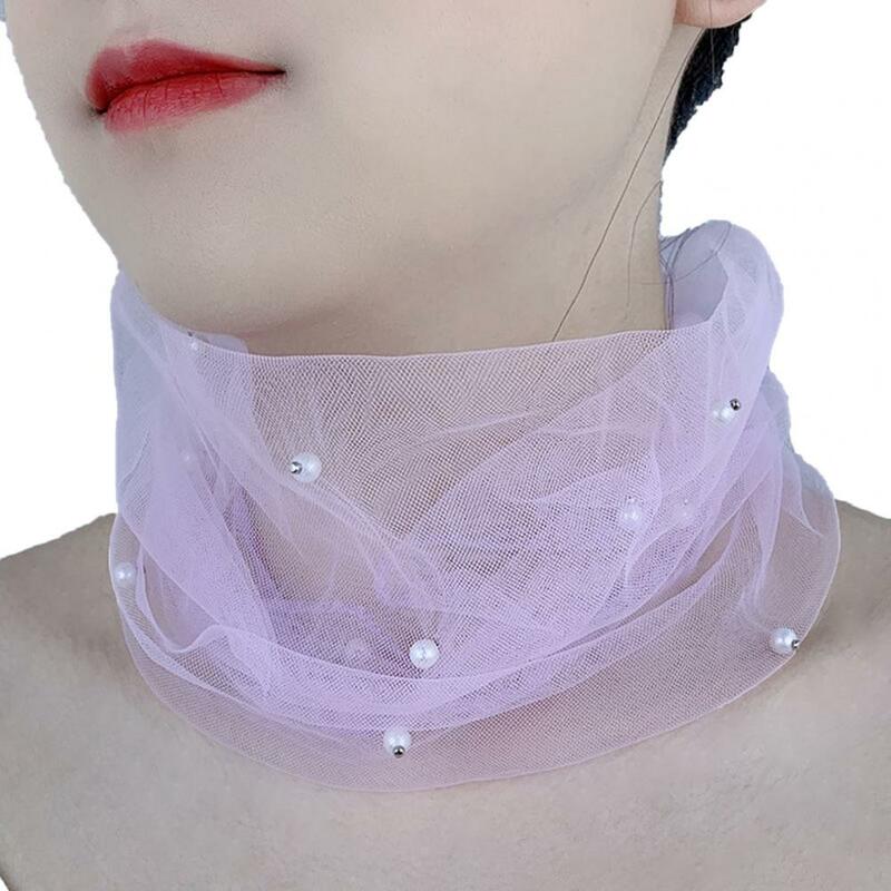 Bufanda de encaje de Organza elástica elegante, envoltura de cuello elástica multifuncional, decoración de perlas de imitación, nuevo en el cuello