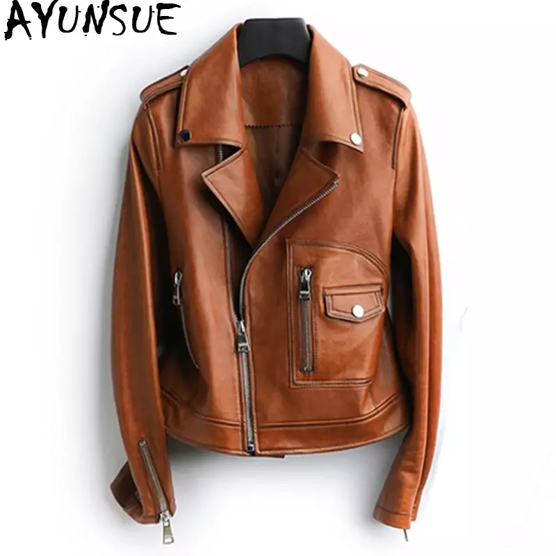AYUNSUE-정품 양피 가죽 자켓 여성용, 봄 가을 스트리트웨어 봄버 자켓 HQ19022