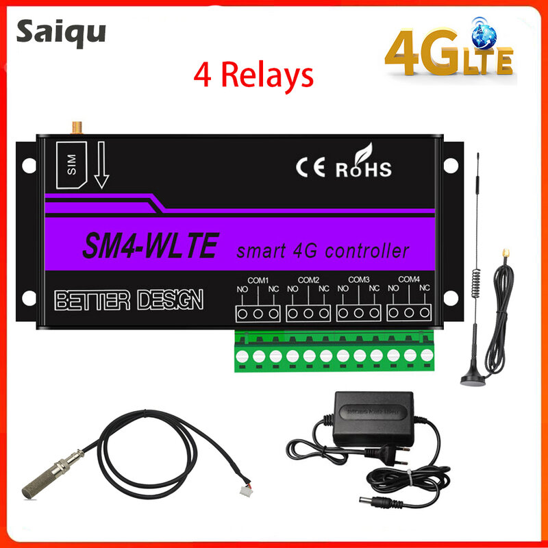 4G LTE Remote ON/OFF Relay Controller GSM SMS 4 Relay APP Web Control Temperature Humidity Gate Garage Door Opener Automatic