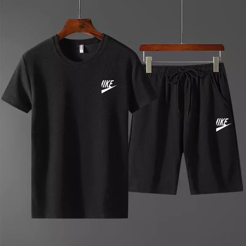 Новый трендовый летний спортивный костюм для улицы, Мужская футболка с коротким рукавом + повседневные модные шорты, комплект из двух предметов, впитывающий и дышащий