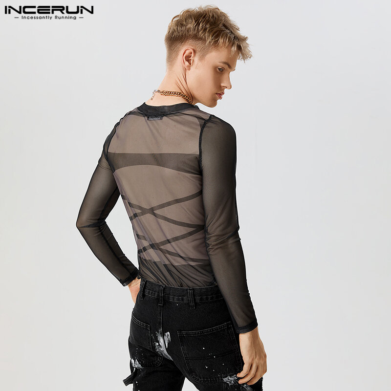 INCERUN 2024 American Style Men Thin Homewear Cross Print See-through Mesh Jumpsuits Casual Hot Sale Sexy Long Sleeved Bodysuits