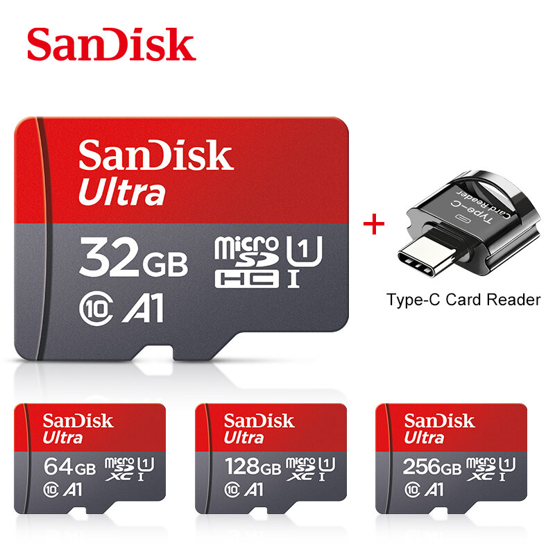 Sandisk-cartão de memória micro sd, original, micro sd, classe 10, uhs-1, tf/sd, tipo-c, 256gb, 128gb, 64gb, 100 mb/s