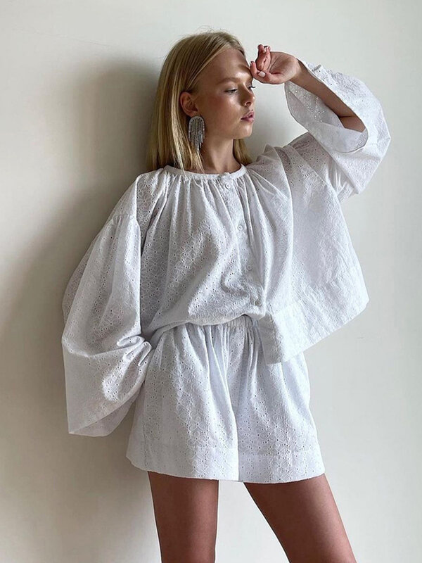 Marthaqiqi-Camisolas de algodão branco com pescoço o para mulheres, roupas de manga comprida, pijamas soltas para senhoras, roupas domésticas, outono