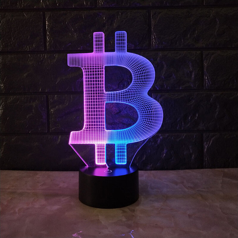 Bitcoin 3d visão luz da noite acrílico criativo sete colorido escurecimento toque de carregamento led estéreo luz presente usb atmosfera luz