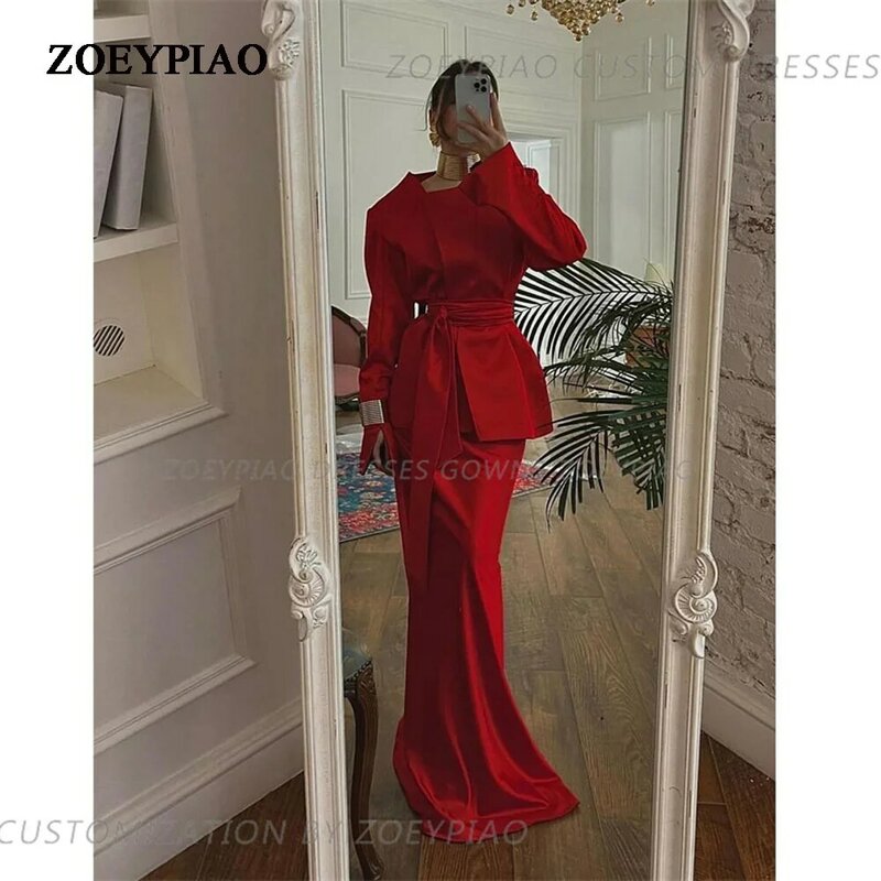 2024 Red Satin Mermaid Evening Dresses Court Train Formal Special Occasion Celebrity O Neck Full Sleeves Vestidos De Fiesta