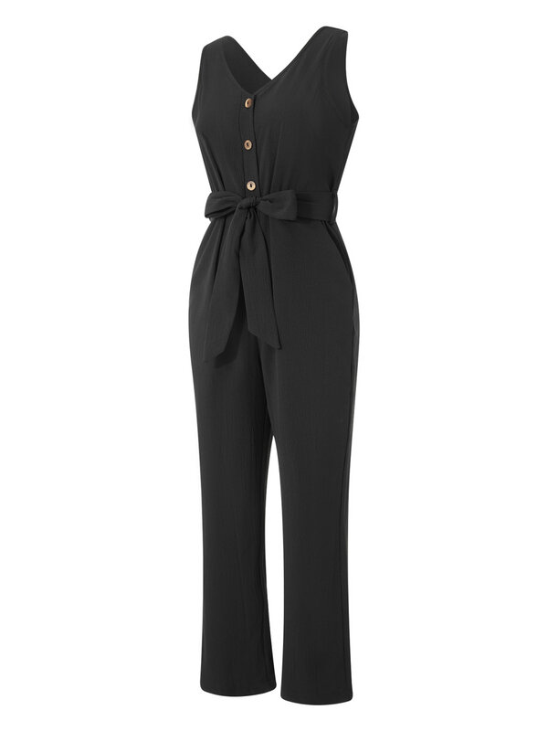 Women s Sleeveless V Neck Buttons Waist Belt Straight Wide Leg Cropped Jumpsuits Rompers With Pockets