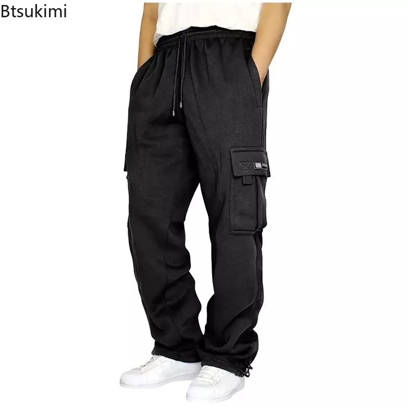 2024 Men's Warm Cargo Pants Autumn Winter Elastic Waist Trousers Male Soft Joggers Sports Trousers Loose Men's Oversized Pants