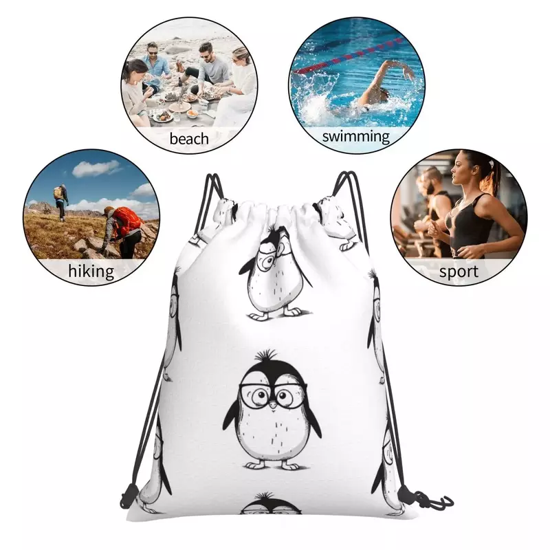 Mochila de pingüino de dibujos animados para hombre y mujer, bolso deportivo con cordón, bolsillo, portátil, bonito y atrevido