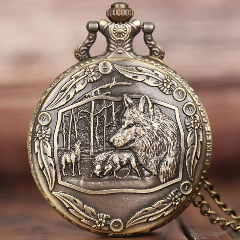 Vintage Bronze Relógio De Bolso Com Colar Corrente, Lobo Selvagem Criativo, Pingente De Moda, Relógio De Quartzo Animal, Presente