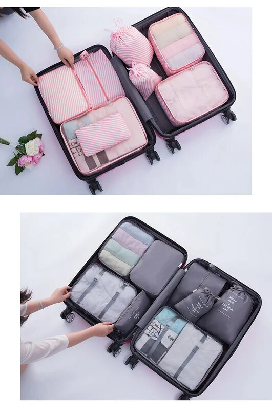 Set tas penyimpanan Organizer perjalanan, 7 buah Set koper kemasan kubus, koper portabel, pakaian, sepatu, kantong lipat rapi