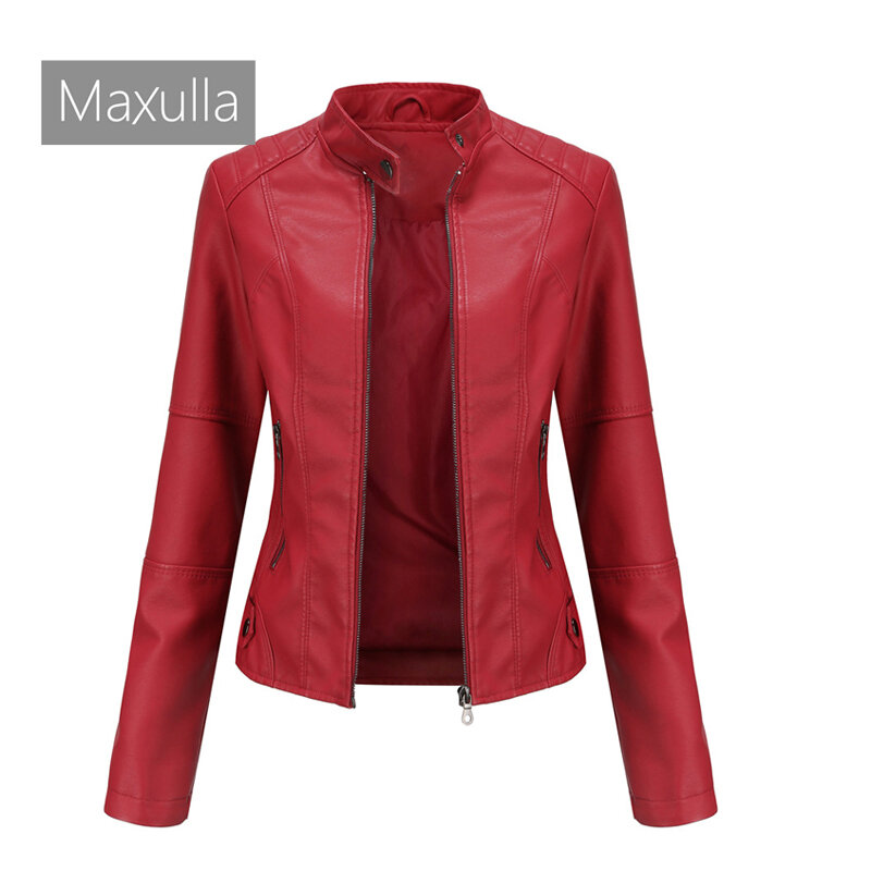 Maxulla Spring  Autumn Women's Leather Jacket Outdoor Leisure Windproof PU Coat Fashion Slim Motorcycle Wear Women's Clothing