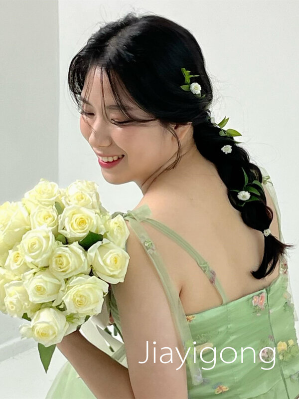 한국 패션 우아한 스파게티 A 라인 웨딩 파티 자수 꽃 활, 오간자