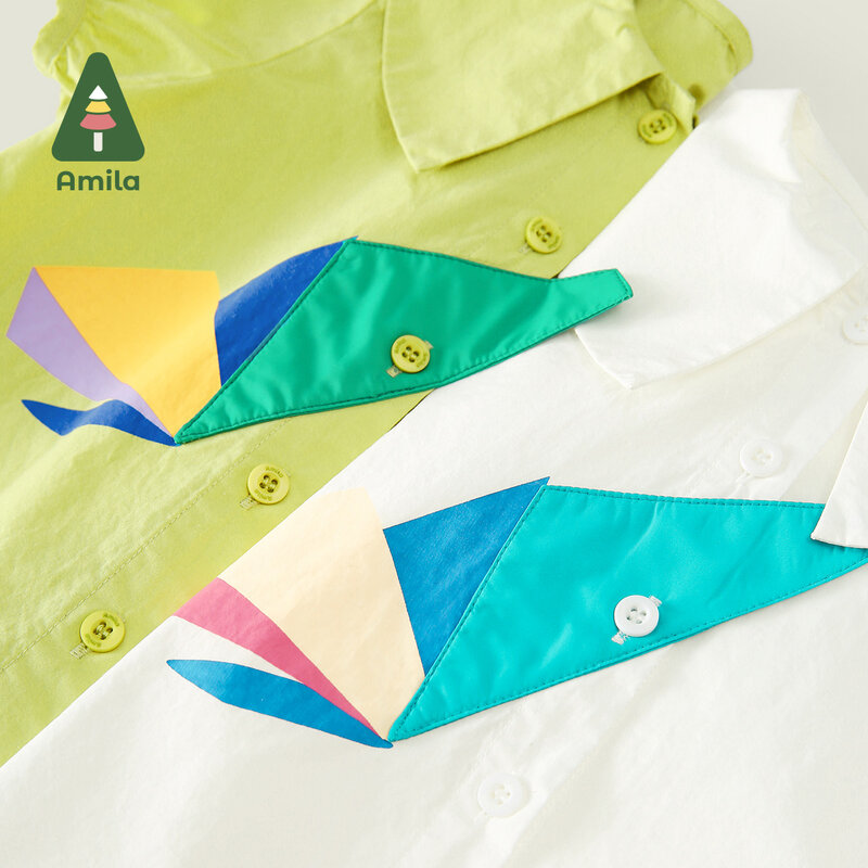 Amila 2024 Summer New Girls' Top Tangram Color Printed Doll Collar Pure Cotton Skin Friendly Shirt 0-6Y