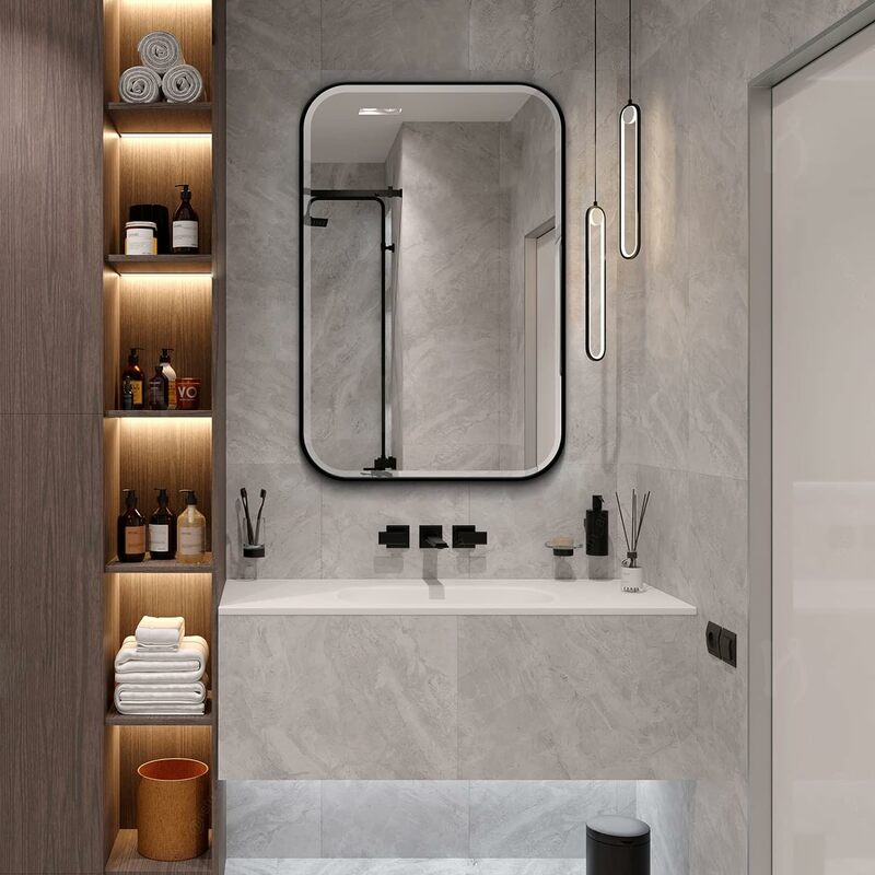 Plástico preto borda chanfrada medicina armário, porta do espelho com canto redondo Metal Frame, recesso e montagem de superfície, banheiro Medi