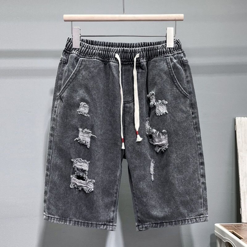 Shorts rasgados de jeans slim fit masculino, jeans casual perfurado, moda coreana, verão