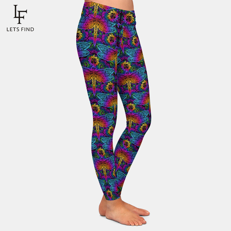 LETSFIND Super Soft ผ้าไหมพิมพ์ Mandala องค์ประกอบ Paisley และ Dragonfly Design แฟชั่นผู้หญิงเอวสูงกางเกงขายาว