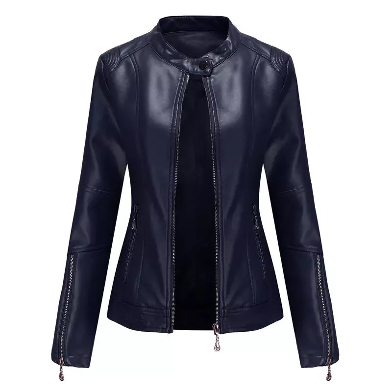 Jaket kulit PU wanita, jaket kulit PU wanita mode baru, jaket kulit tipis, klip kerah berdiri pendek, musim gugur, 2024