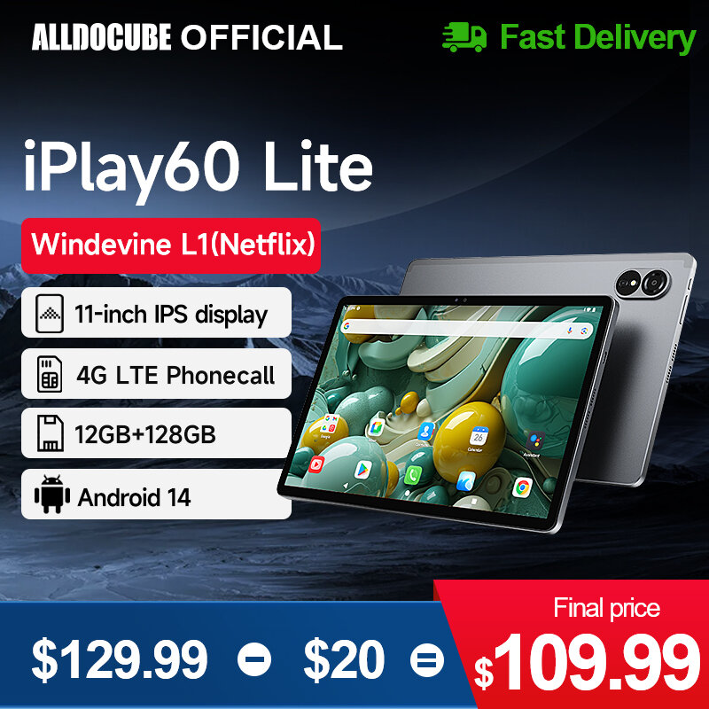 Tablet Alldocube-iPlay60 Lite10.95Inch, UNISOC T606, Android 14, 4GB, 8GB de RAM, 128GB ROM, Cartão Dual SIM 4G