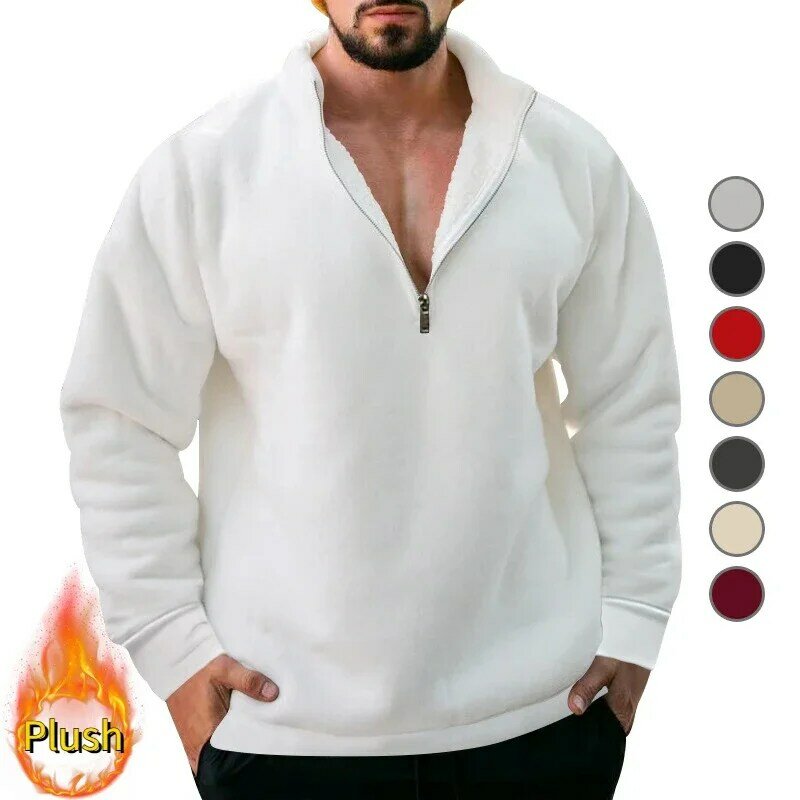 Moletom com meia gola alta masculino, suéter de pelúcia com zíper grosso, camisa solta, blusa casual monocromática, outono e inverno