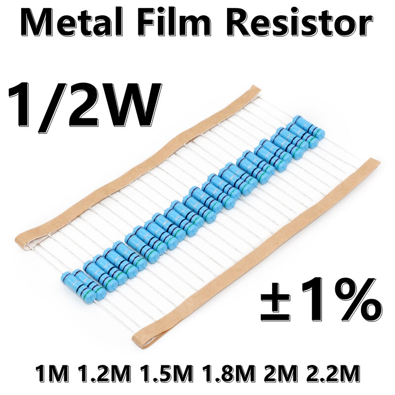 Metal Film Resistor, 1 W, 2W, 1%, 5 Color Ring, precisão, 1m, 1,2 m, 1,5 m, 1,8 m, 2m, 2,2 m, 100pcs
