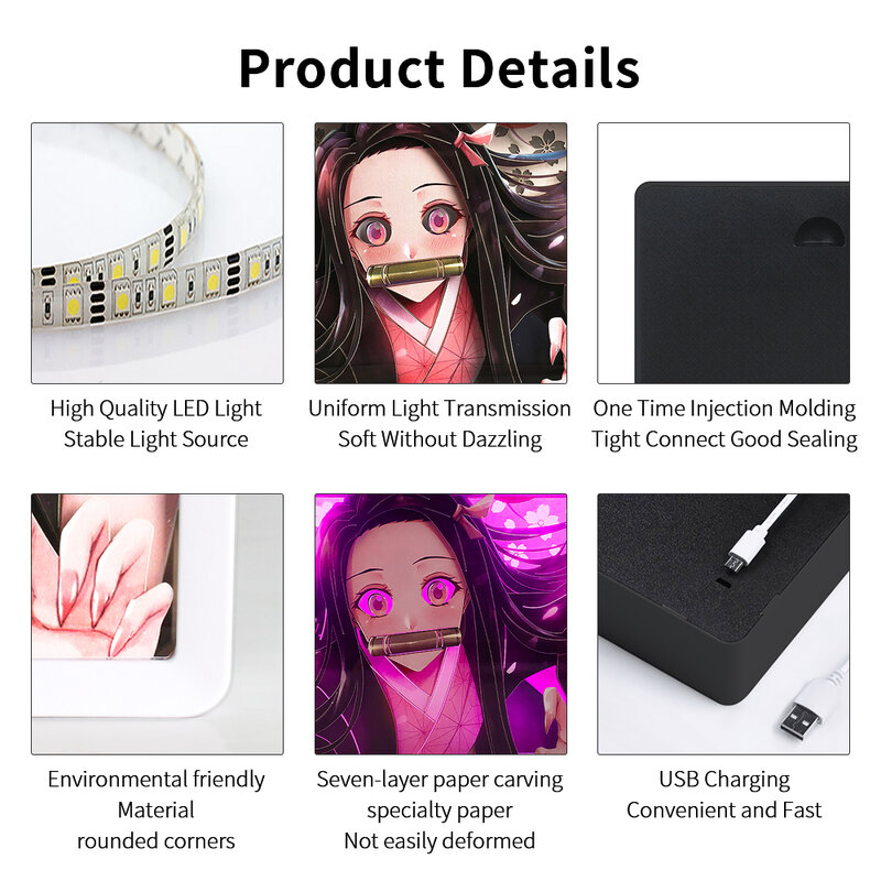 애니메이션 LED 박스 악마 슬레이어 종이 컷 라이트 박스, 아기 야간 조명, USB 섀도우 박스, 화이트 프레임, 방 장식, DIY 맞춤형 선물