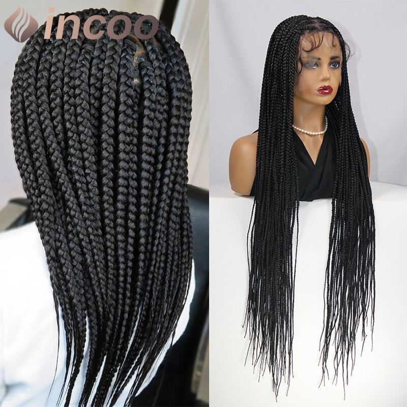 Incoo-Full Lace Wigs para mulheres negras, sem nós, tranças aleatórias, peruca Cornrow, frente de renda sintética, caixa trançada com tranças, 36"