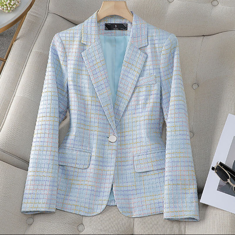 여성용 격식 있는 블레이저, 사무용 격자 세트, 긴 소매 싱글 단추, 작업복 재킷, 여성 겉옷 상의, 4XL, 가을