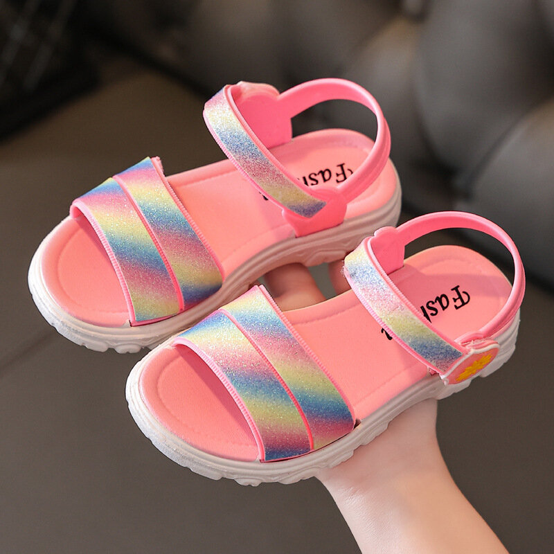 Sandalias planas de arcoíris para niña, zapatos de playa a la moda, de princesa, para verano, de 2 a 8 años