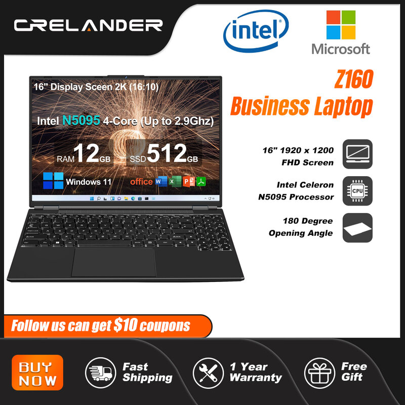 CRELANDER 16 pollici Laptop 1920*1200 Intel Celeron N5095 12GB RAM Win 11 Computer portatile per PC Notebook per studenti di gioco Business