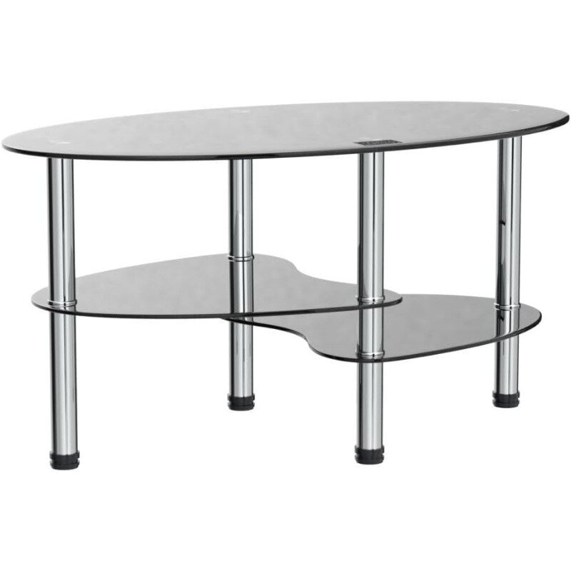 Mesa de chá de vidro oval para escritório, 3 camadas, mesa de café moderna, mesa final para sala de estar, preta