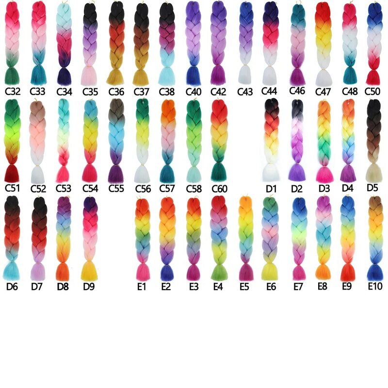 Rambut kepang sintetis 24 inci untuk wanita, rambut ekstensi Ombre sintetis warna merah muda ungu kuning abu-abu untuk wanita DIY