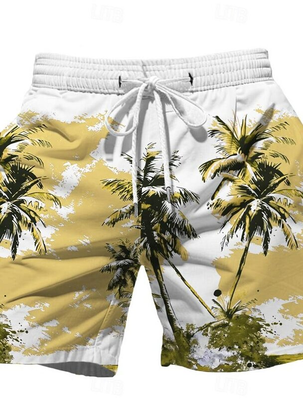 Модные мужские пляжные шорты с кокосовым деревом, Гавайские шорты, плавки с кулиской, Короткие праздничные пляжные уличные шорты в стиле Харадзюку