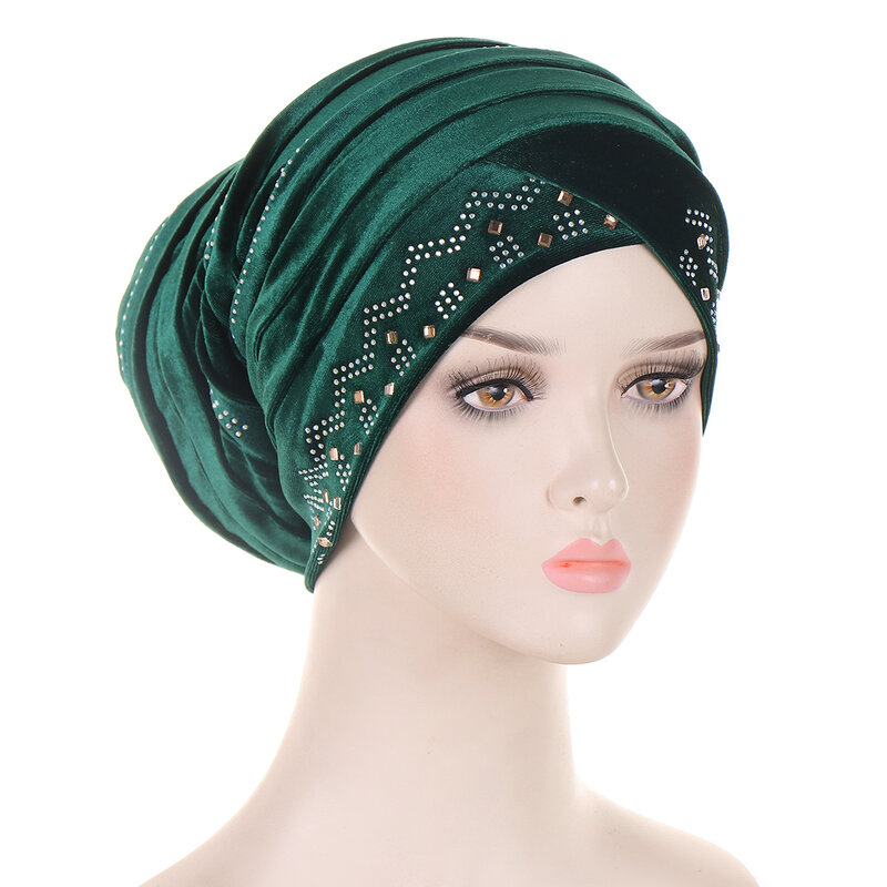 Turbante plisado con purpurina para mujer, gorro de terciopelo suave para la cabeza, pañuelo musulmán, gorro femenino