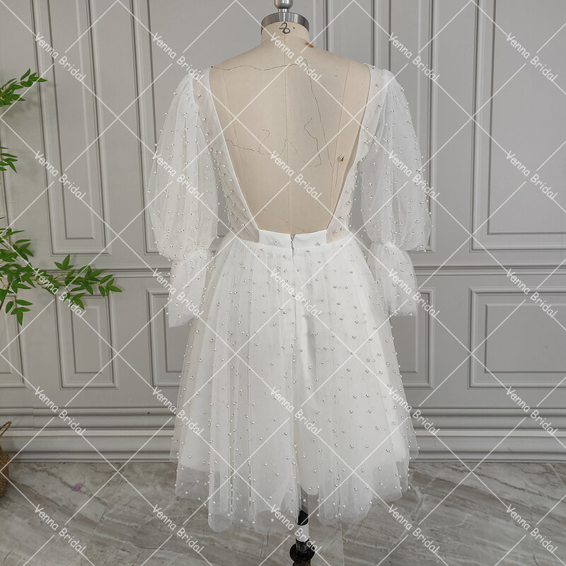 Pearls Embellished Mini Second Wedding Dress Short Lantern Sleeves Square Neck Backless Real Pictures Sweet Chic Bridal Gowns