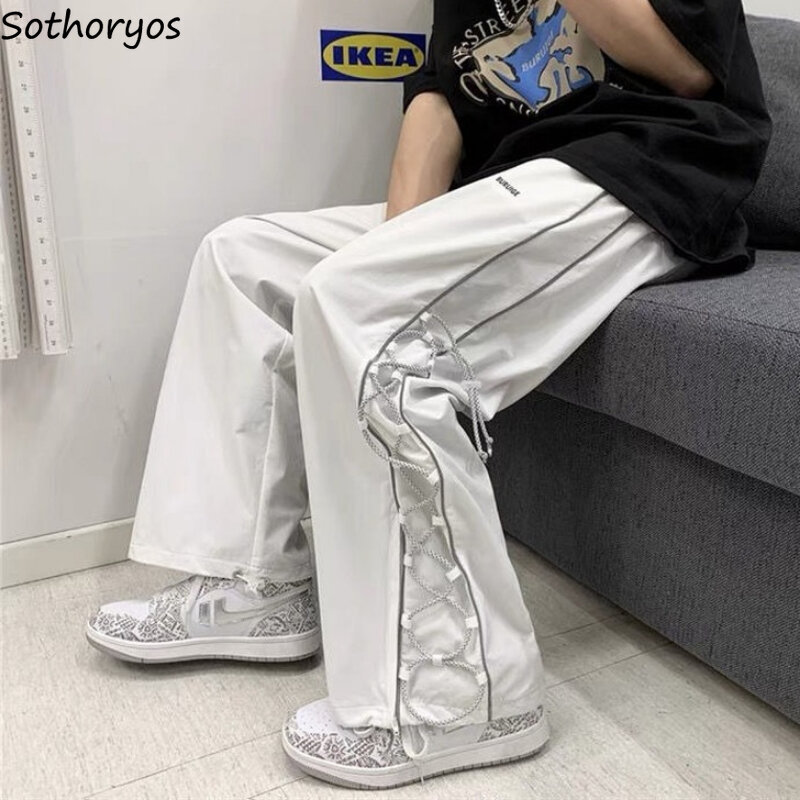 Weites Bein Hosen Frauen lose hohe Taille Freizeit Paar Streetwear Mode koreanischen Stil Unisex Hose Retro Seitenst reifen Hip Hop