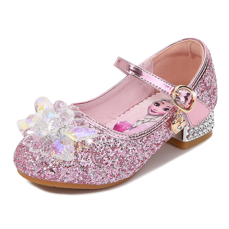 Sepatu anak perempuan hak tinggi Elsa, sepatu kulit kristal anak perempuan kecil, sepatu putri anak-anak, sepatu pesta berjalan anak-anak