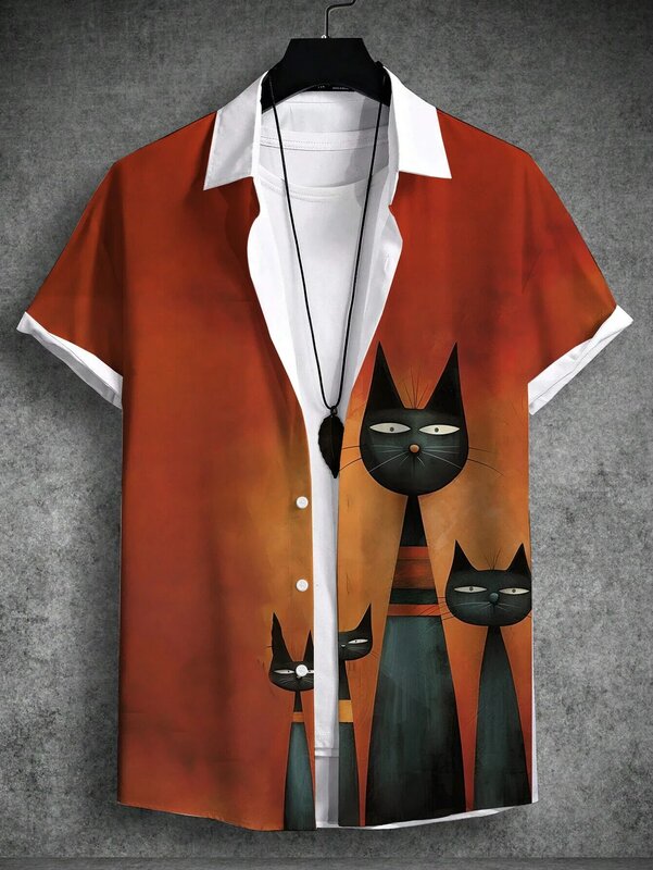 2024 여름 남성 셔츠, 아트 고양이 그래픽 3D 인쇄, 심플한 셔츠, 반팔 상의, 스트리트웨어, 느슨한 캐주얼 하와이 셔츠