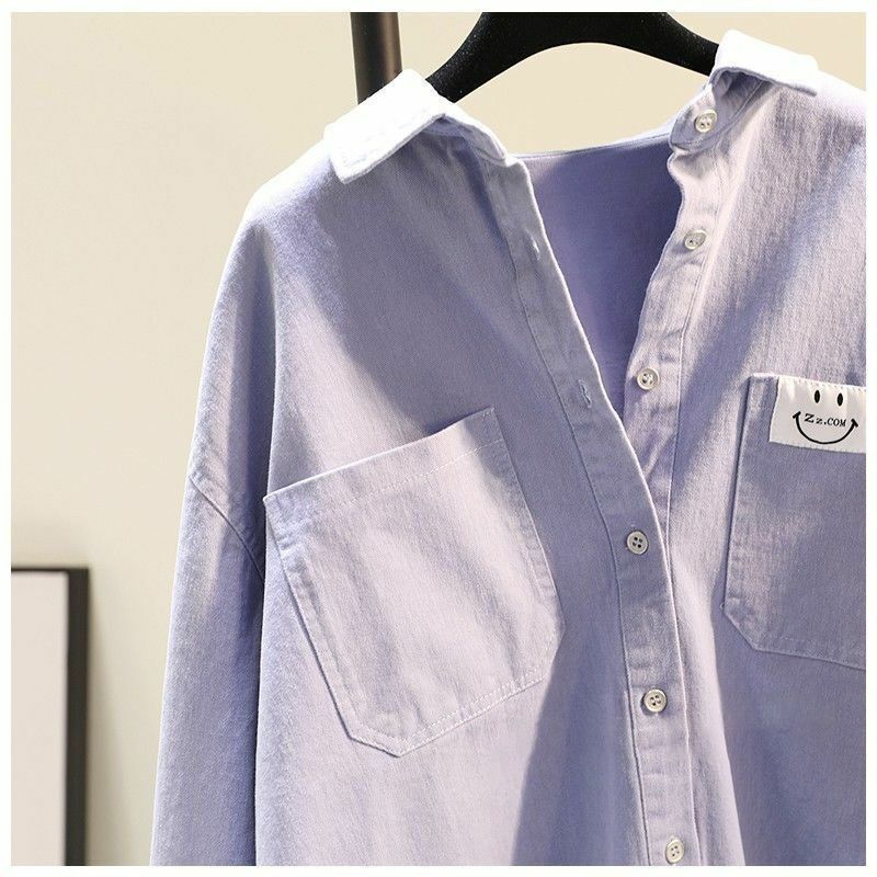 Camisa de manga comprida de algodão puro para mulheres, blusa retrô solta coreana tamanho grande, camisa casual fina, nova para primavera e outono, 2024