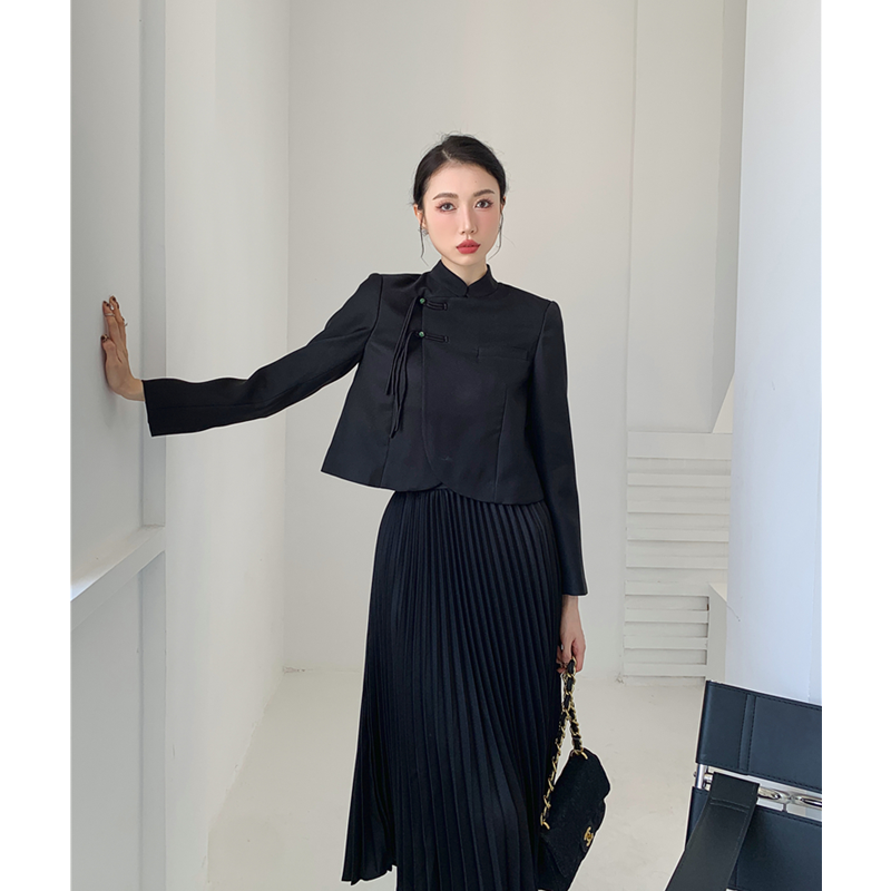 女性用長袖プリーツスカート,新中国風ヴィンテージスタイル,オープンカラー