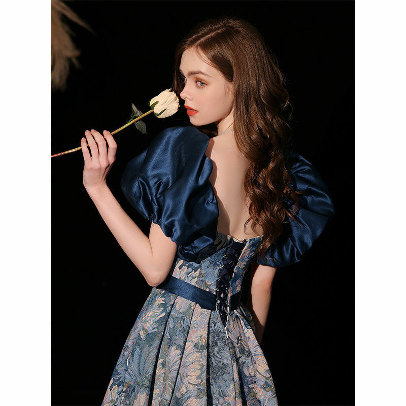 青い花のプリンセスパーティードレス,プリンセスデザイン,取り外し可能な袖,花柄,100%