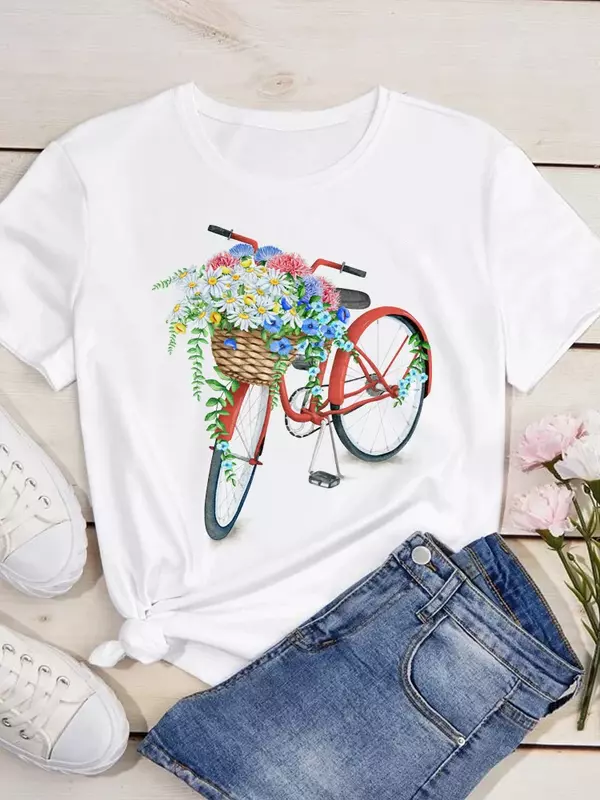 Camiseta estampada de bicicleta flor feminina, gola O, camiseta de manga curta, tops casuais, moda verão