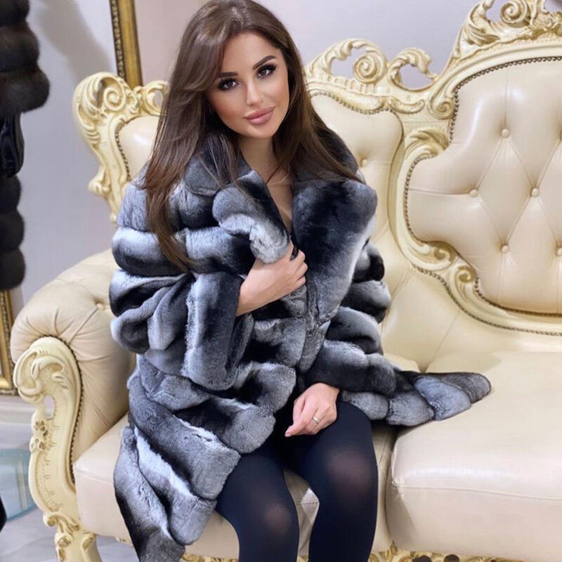 Futrzana kurtka naturalna kurtka z futra królika Rex damska średniej długości kolor szynszyli płaszcz luksusowy najlepiej sprzedający się