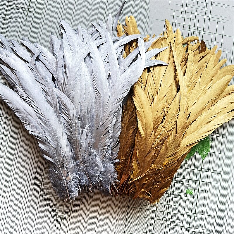 Plumas de gallo de ganso dorado para manualidades, Plumas Decorativas de 25-30cm, 100 piezas, para ropa y costura