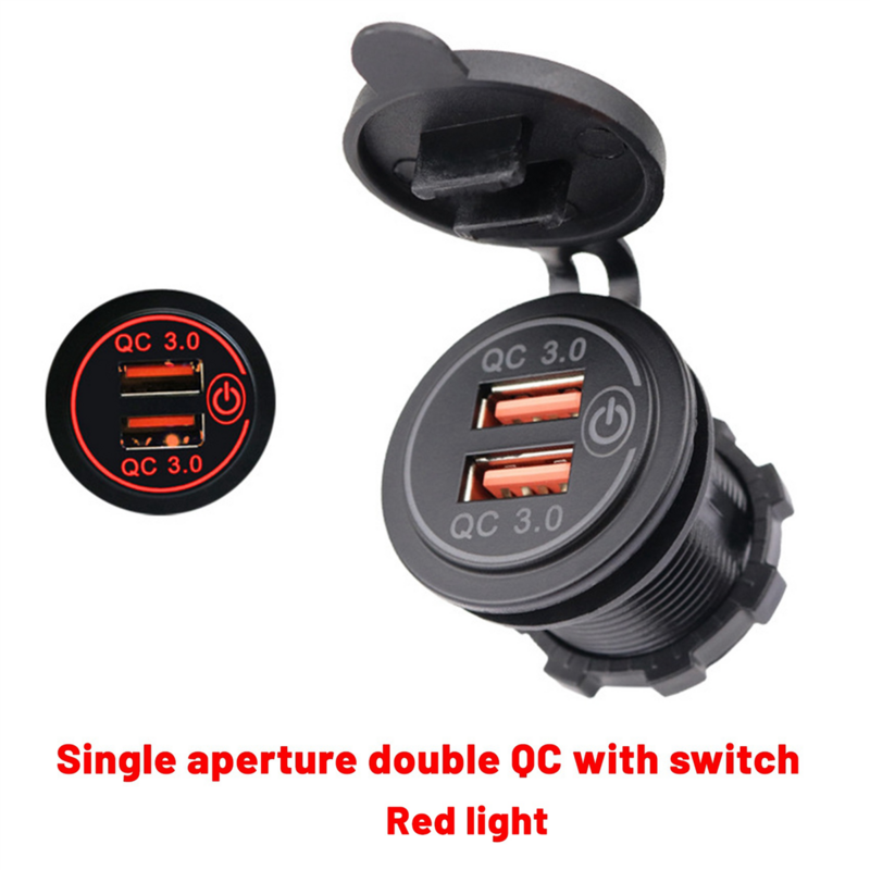 Cargador de coche USB Dual con interruptor para barco, motocicleta, camión, sedán, rojo, carga rápida 3,0, 12V, 36W
