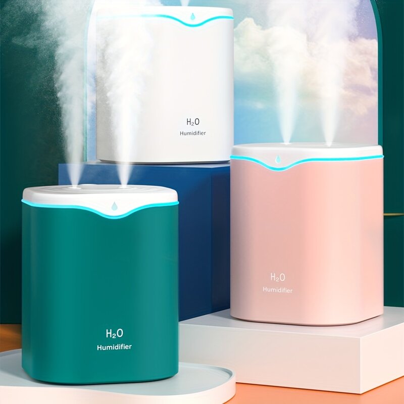 Umidificador Duplo Spray Mist Nozzle, Cool Mist, Grande capacidade, Luz noturna colorida, USB, Difusor de ar H2O, 2000ml