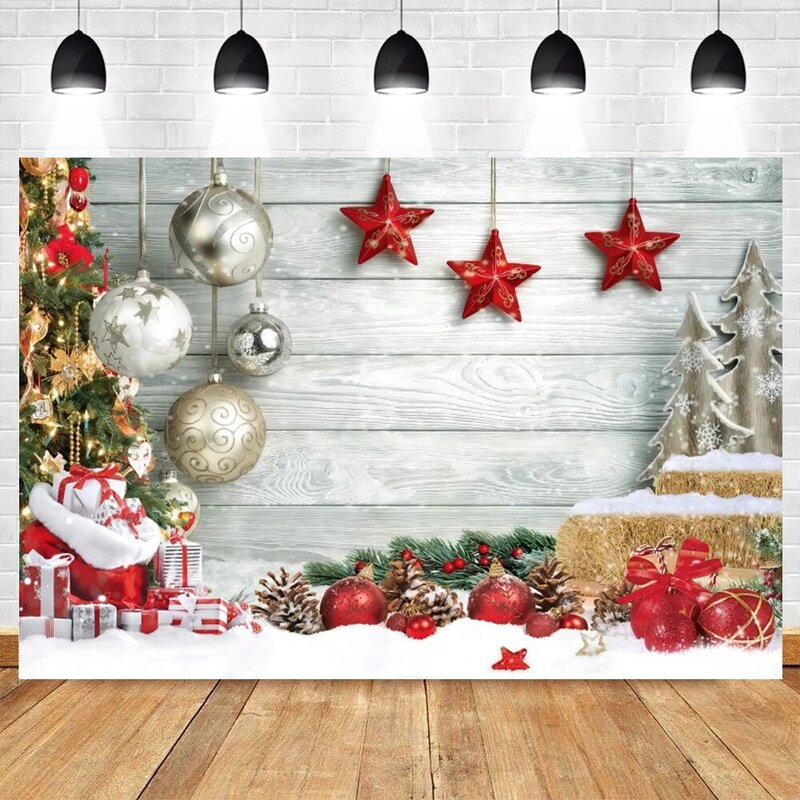 Christmas Photography Backdrop Winter Night Window Fireplace Wood Floor Xmas Tree Snow Kids Adult Family Party Photo Background