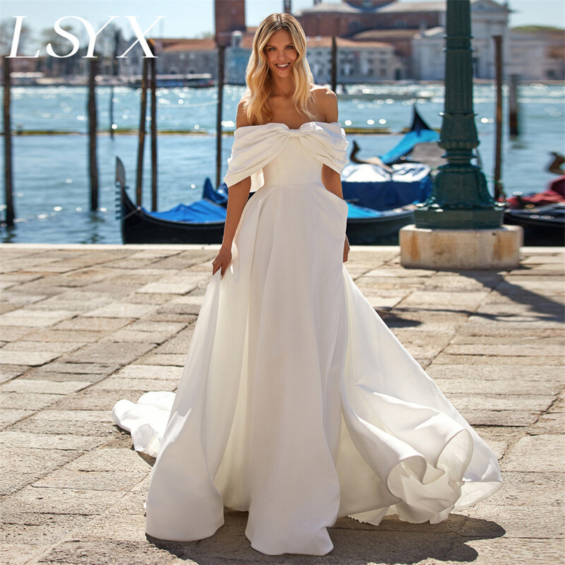 Женское Плиссированное свадебное платье-трапеция LSYX из крепа с открытыми плечами и бантом, свадебное платье до пола с вырезом сзади, индивидуальный пошив Msde