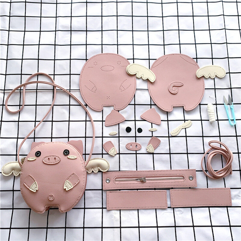 JANEKAU-Bolso cruzado de cerdo bonito, bolsa de mensajero artesanal, paquete de Material hecho a mano para actividades sociales, color rosa y blanco