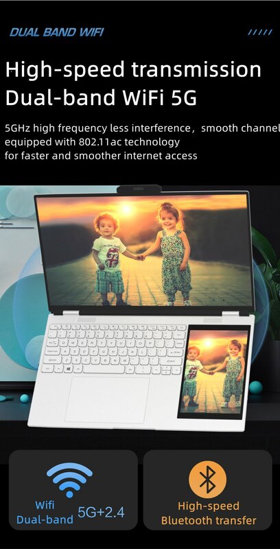 Новое поступление, ноутбук 12-го поколения Intel N95 с двойным экраном, игровой ноутбук, 15,6 дюймов, 2K ЖК-дисплей + 7-дюймовый сенсорный IPS-экран, портативный ПК